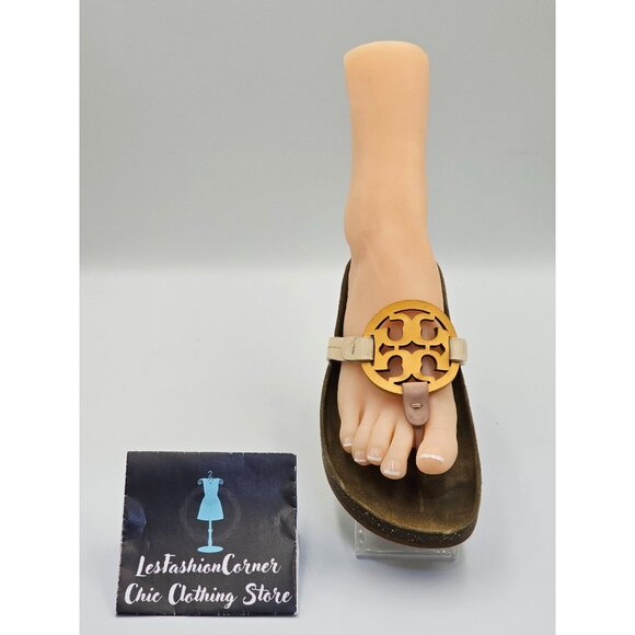 Tory Burch Women's Beige Leather Miller Cloud Flats Thong Sandals Sz 8 2642 - Picture 15 of 16